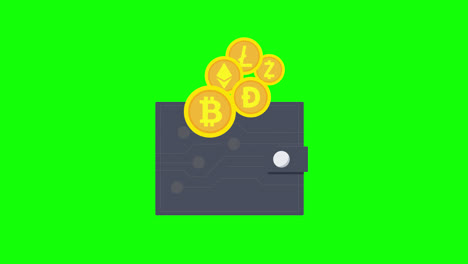 Kryptowährungs-Wallet-Symbol,-Bitcoin,-Ethereum,-Dogecoin-Zeichen.-Bergbaukonzept.-Geld,-Zahlung,-Bargeld,-Bezahlen.-Schleifenanimation-Mit-Alphakanal,-Grüner-Bildschirm.
